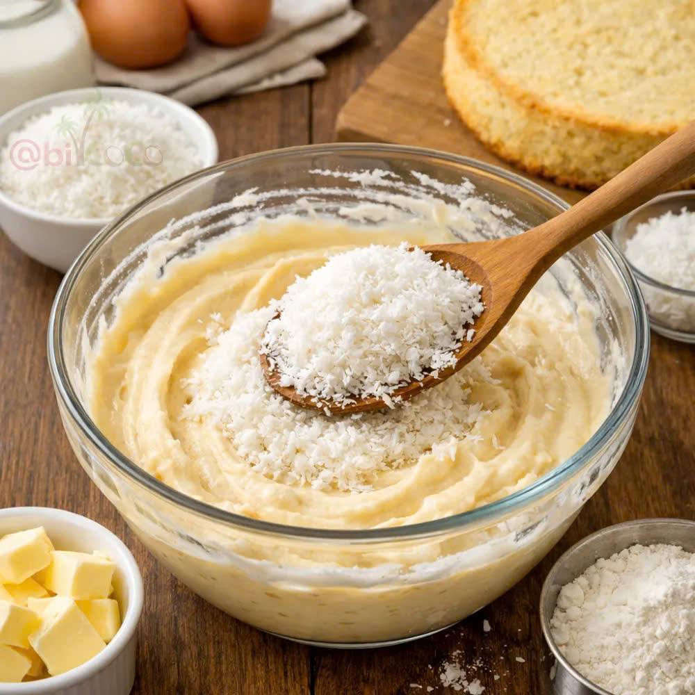 Mixing Desiccated Coconut into Cake Batter