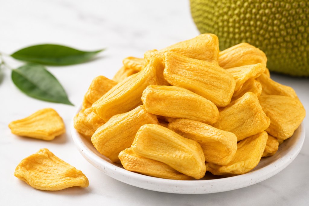 crispy dried jackfruit snack pieces on white plate