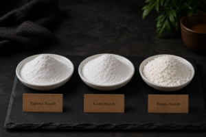 Tapioca starch vs corn starch vs potato starch comparison — three white bowls showing texture differences