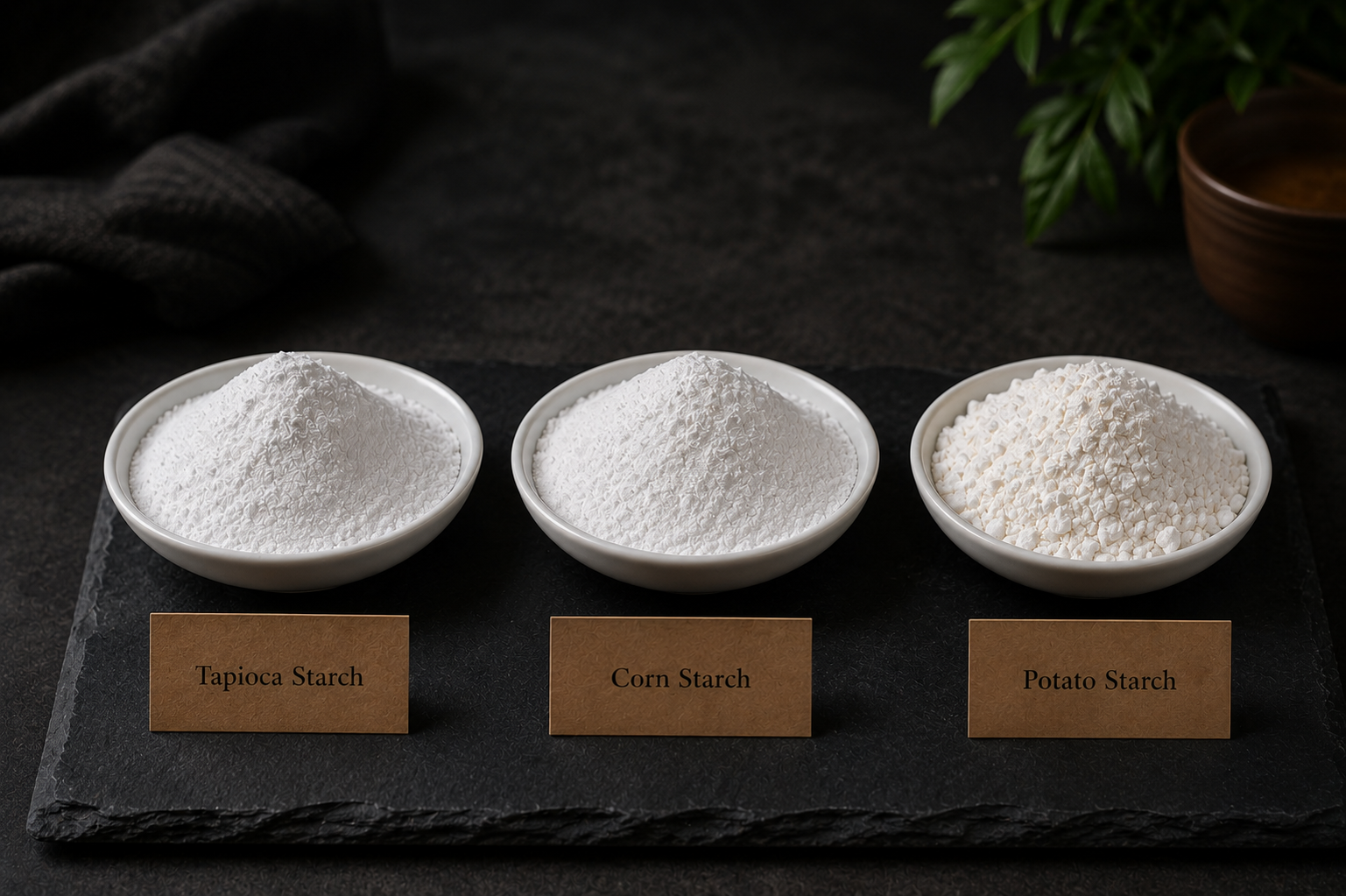 Tapioca starch vs corn starch vs potato starch comparison — three white bowls showing texture differences