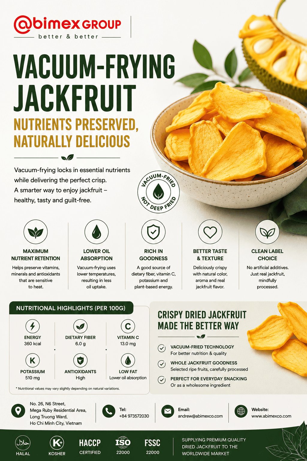 Vacuum frying jackfruit chips to preserve natural color and flavor
